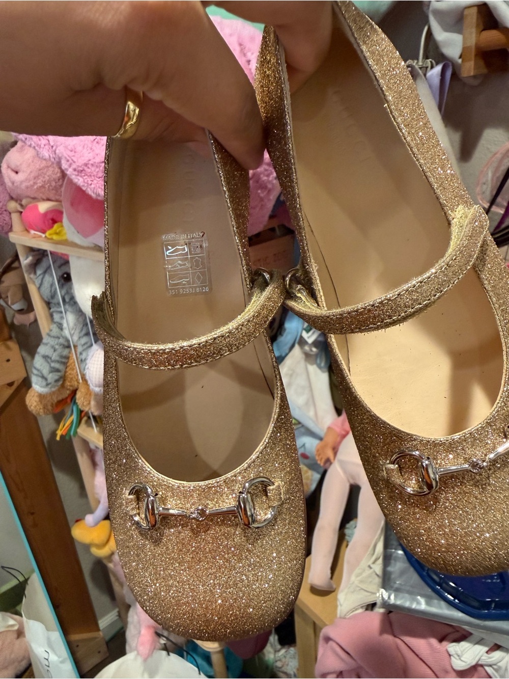 Gucci Glitter Mary Jane Flats in Gold with Metallic Accents